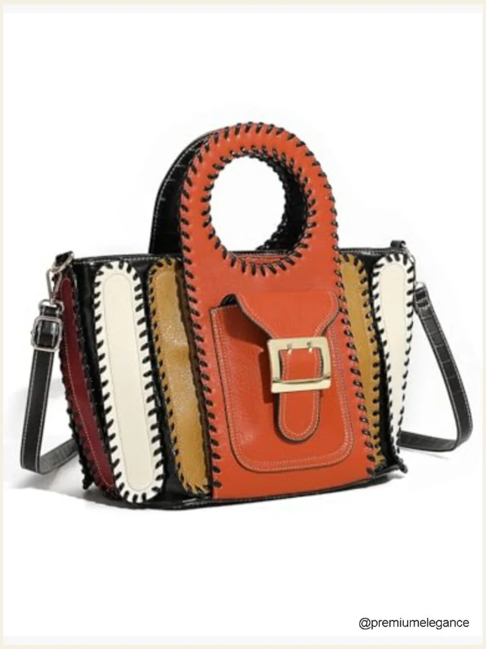 Large Faux Leather Satchel Crossbody Bag with Whipstitch Detail